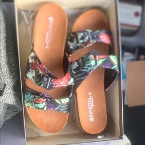 Women's Floral Sandals - Black and Multicolor